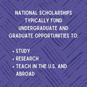 National scholarships typically fund undergraduate and graduate opportunities to study, research, or teaching the U.S. and abroad.